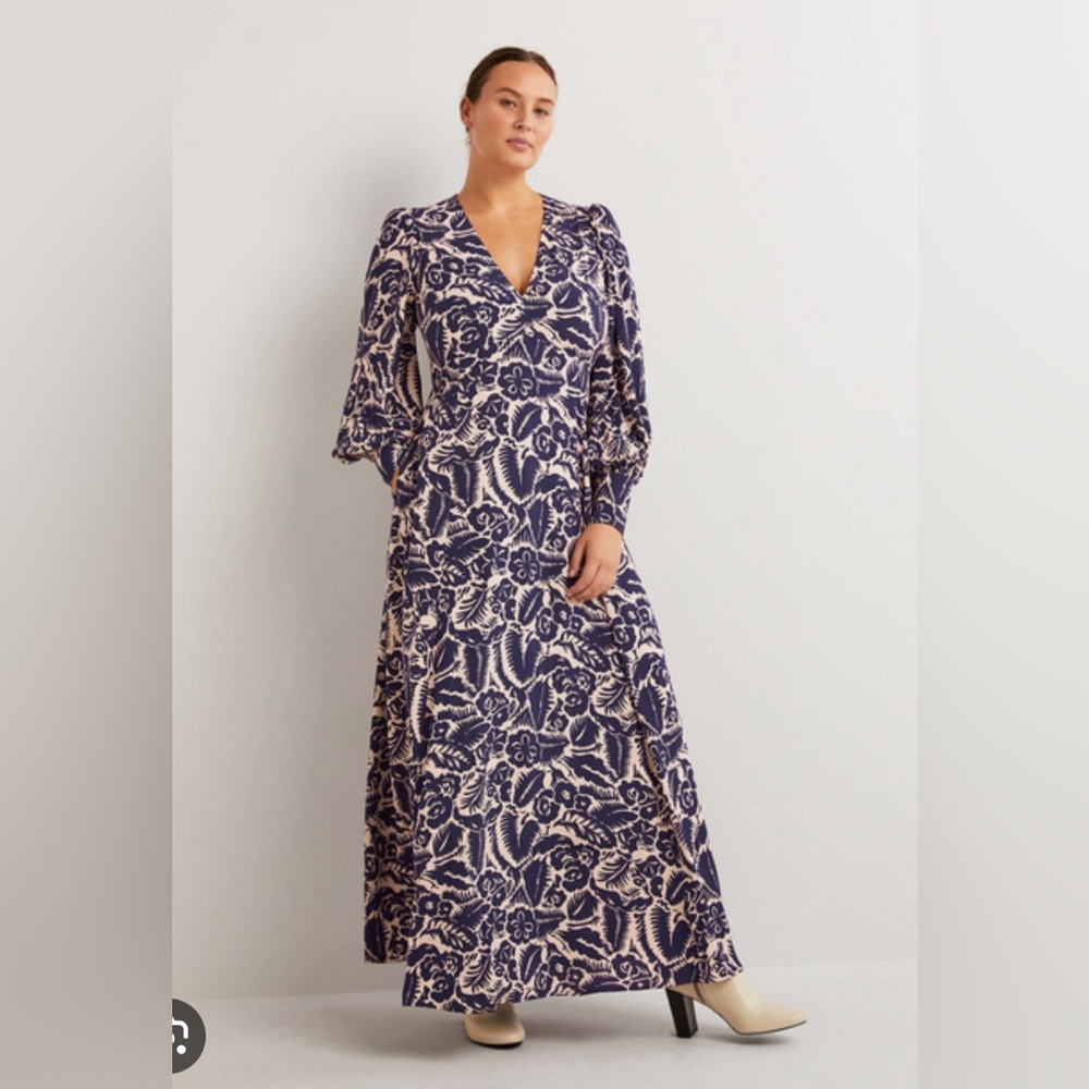 Boden France abstract navy garden long sleeved maxi dress 10r